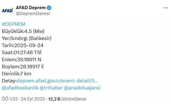 Balıkesir Sındırgı’da 4.5 büyüklüğünde deprem Balıkesir Sındırgı’da 4.5 büyüklüğünde deprem